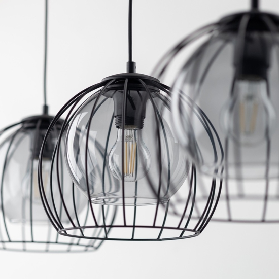 Lampadario per cucina lineare nero tre elementi a sfera diffusori a gabbia
